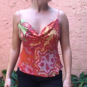 Vintage Orange Paisley Sequin Cowl Neck Blouse